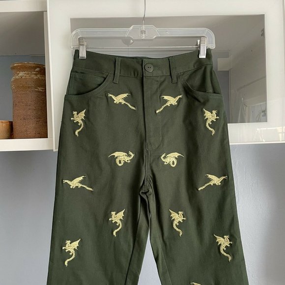 UO HOT LAVA Green Gold Embroidered Dragon Pants - Picture 2 of 6